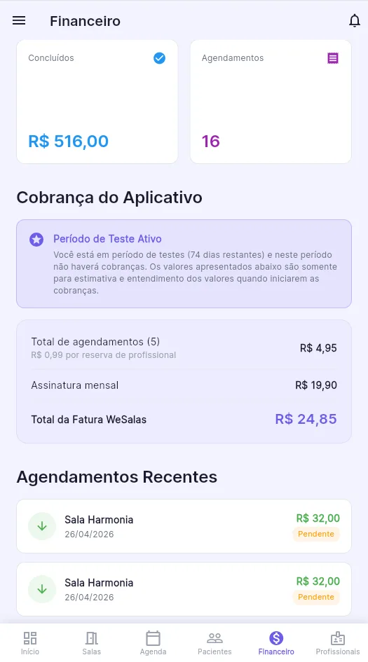 Gráficos e relatórios financeiros no WeSalas